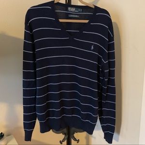 Ralph Lauren Striped V Neck Sweater - Blue